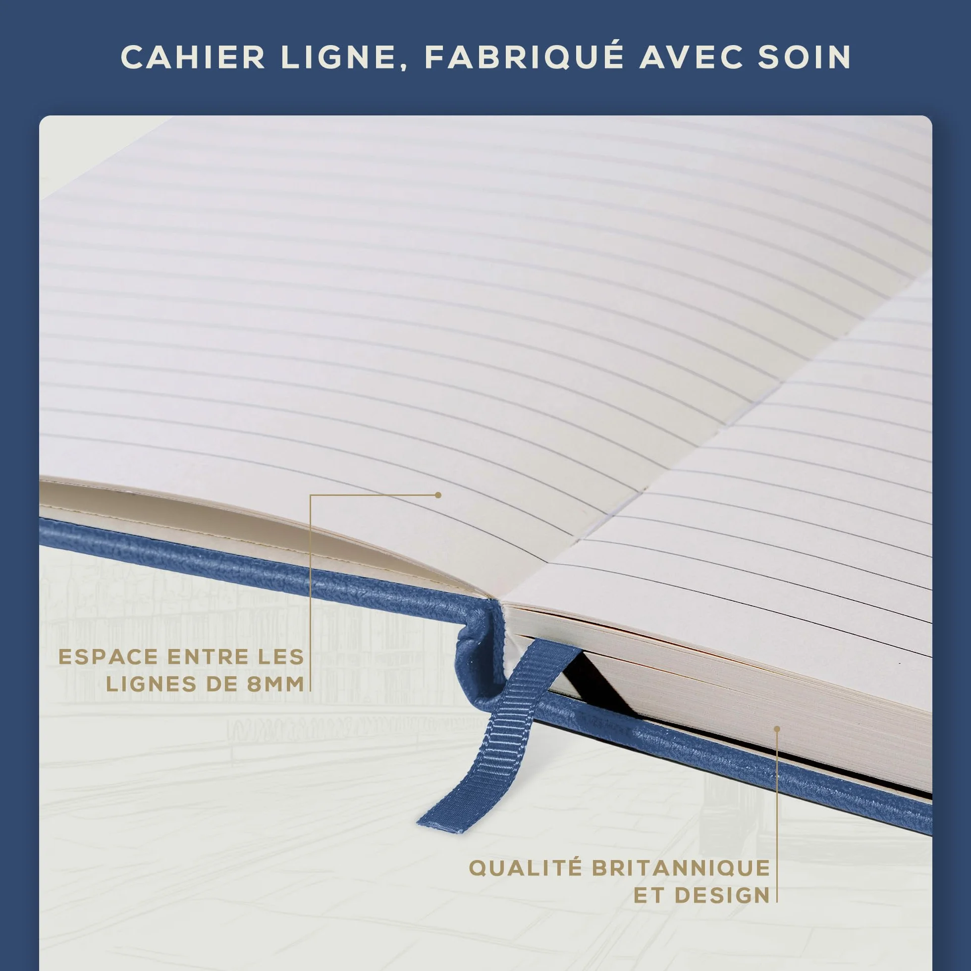 Beechmore Books Carnet de Notes Lignées XL A4 Bleu Marine Couverture Rigide Cuir Vegan Papier Ligné 120 g/m²
