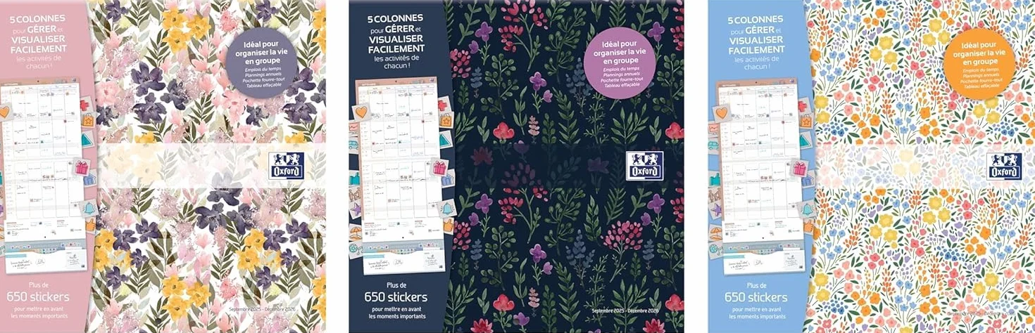 OXFORD Calendrier Planning Mural Familiale Flowers 16 Mois Septembre 2026 à Décembre 2027 30 x 30 cm