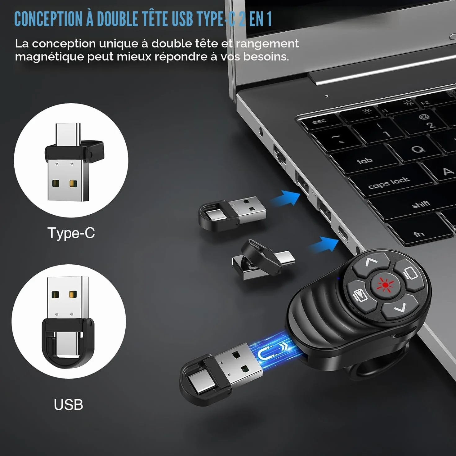 Anneau de Doigt Telecommande Powerpoint Rechargeable Pointeur Presentation USB Type-C 2 en 1 PPT Zapette Wireless Presenter Sans Fils pour Mac iPad PC Portable