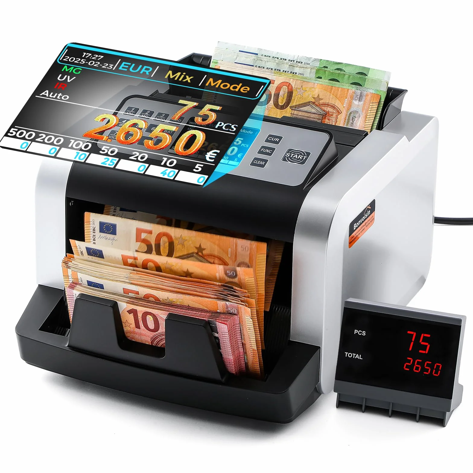 Bonvoisin Compteuse de Billets, Comptage de la Valeur des Billets EUR Mixtes avec Détection des Faux Billets par UV/MG/IR, 1000 Pièces/Min, Compteur de Billets Professionnelle avec Affichage Externe