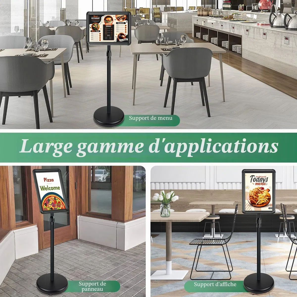 Lot de 6 Porte affiche A4 porte affiche sur pied, supports de panneau A4 porte menu restaurant avec cadre pression et support publicitaire pour présentation/publicité/ventes d'affichage (Noir)