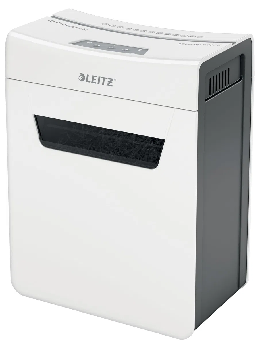 Leitz Déchiqueteuse de papier IQ 4M Premium P5 pour bureau et maison, microcut, 4 feuilles, poubelle 14 l, très silencieuse/compacte, série Protect, blanche, 80940000, 1 unité