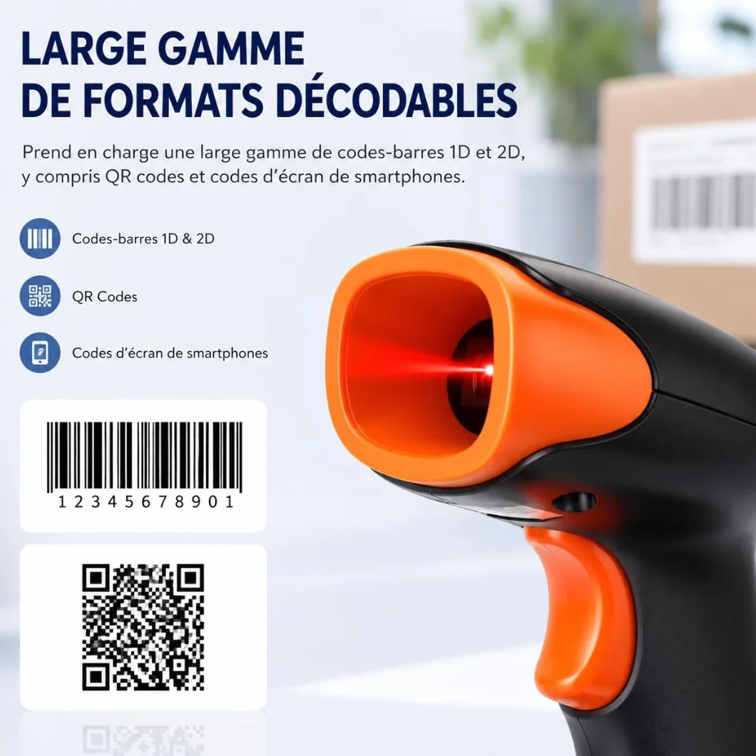 Lecteur Code Barre USB 1D 2D QR, Scanner IP54 Antichoc Compatible Windows Mac Linux