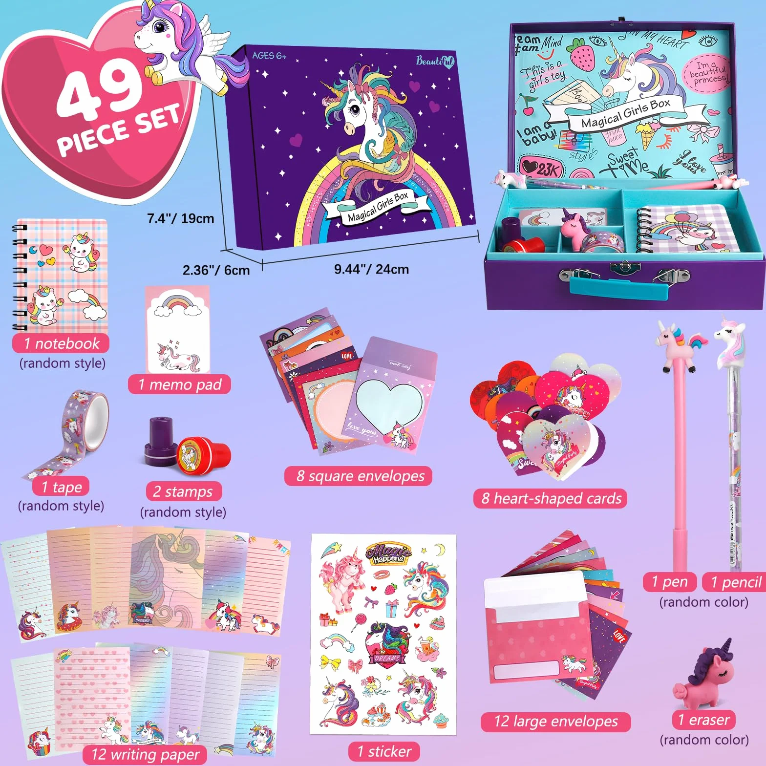 Ensemble de papeterie Unicorn Journal 49 pièces avec étui de rangement pour filles 6-12 ans