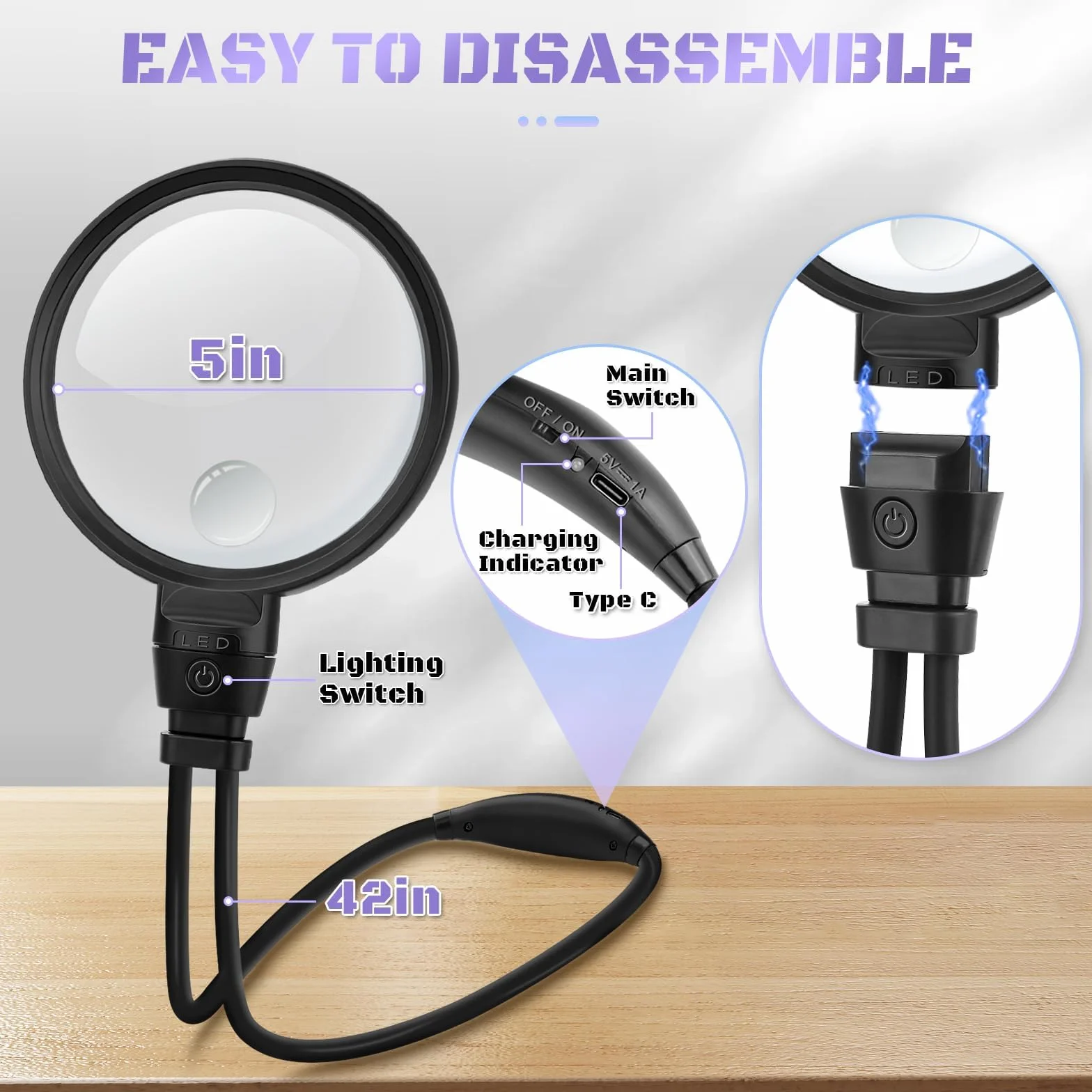 Loupe mains libres 10x LED 3 couleurs col de cygne flexible HD pour lecture couture
