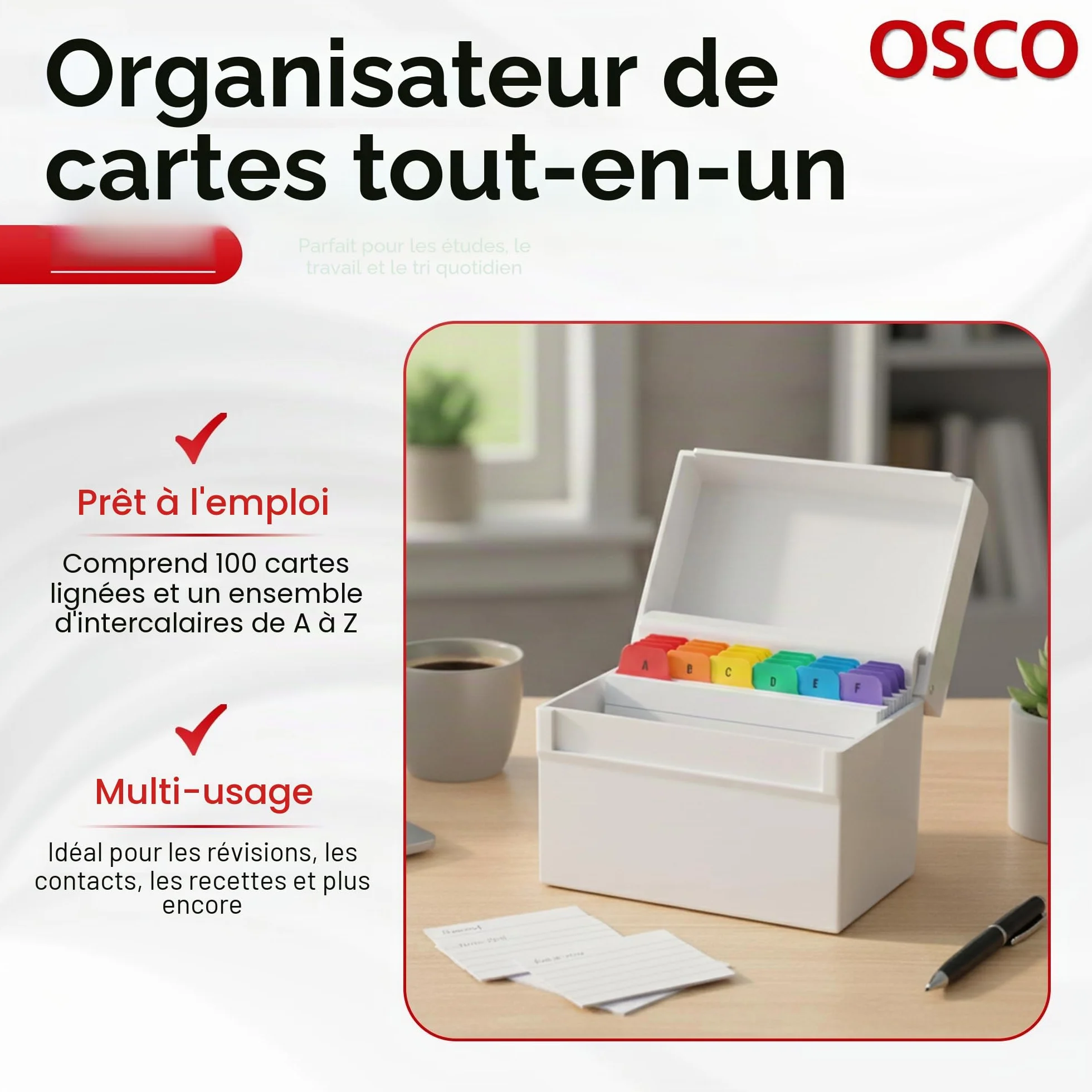 OSCO Boîte d'index en plastique blanc brillant A-Z 100 feuilles lignées 15,2 x 10,2 cm Cartes flash de révision
