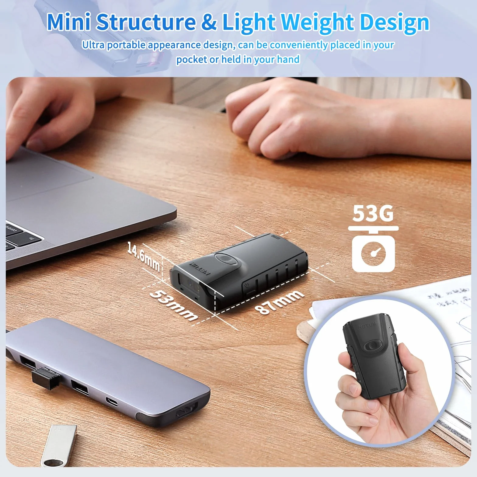 NETUM Bluetooth 2D Barcode Scanner, 3-in-1 Small Portable QR Bar Code Reader Automatic Wireless Gun Scan Back Clip Work with Tablet iOS Android Windows MacOS for Warehouse Inventory POS