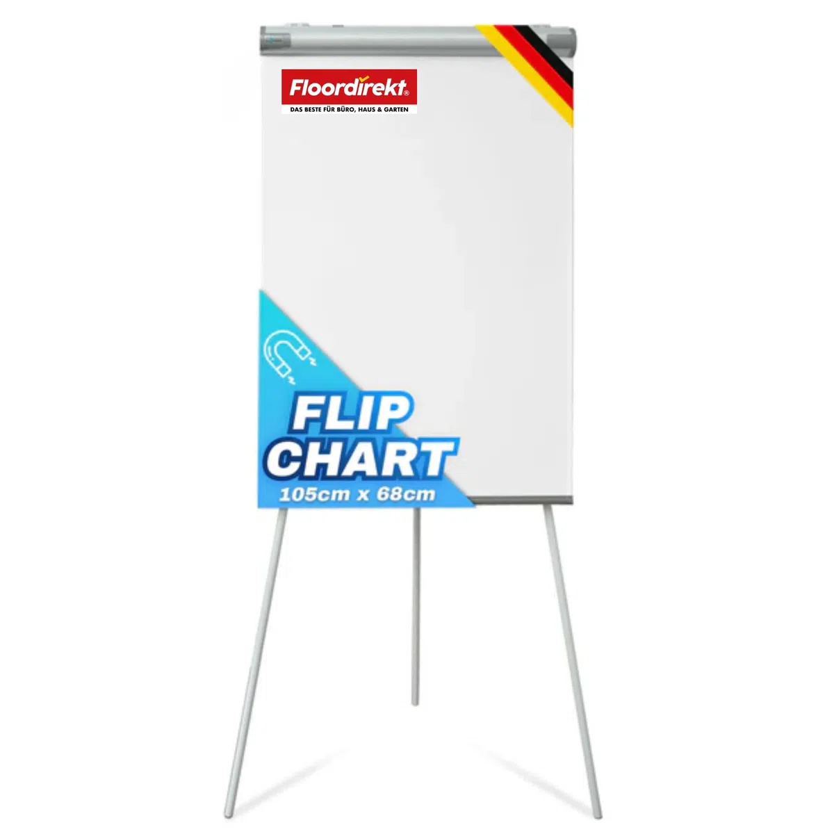 Floordirekt Tableau de conférence avec trépied, support pour bloc et bras latéraux, magnétique et inscriptible, autoportant et réglable en hauteur, tableau blanc, magnétique, avec plateau de rangement