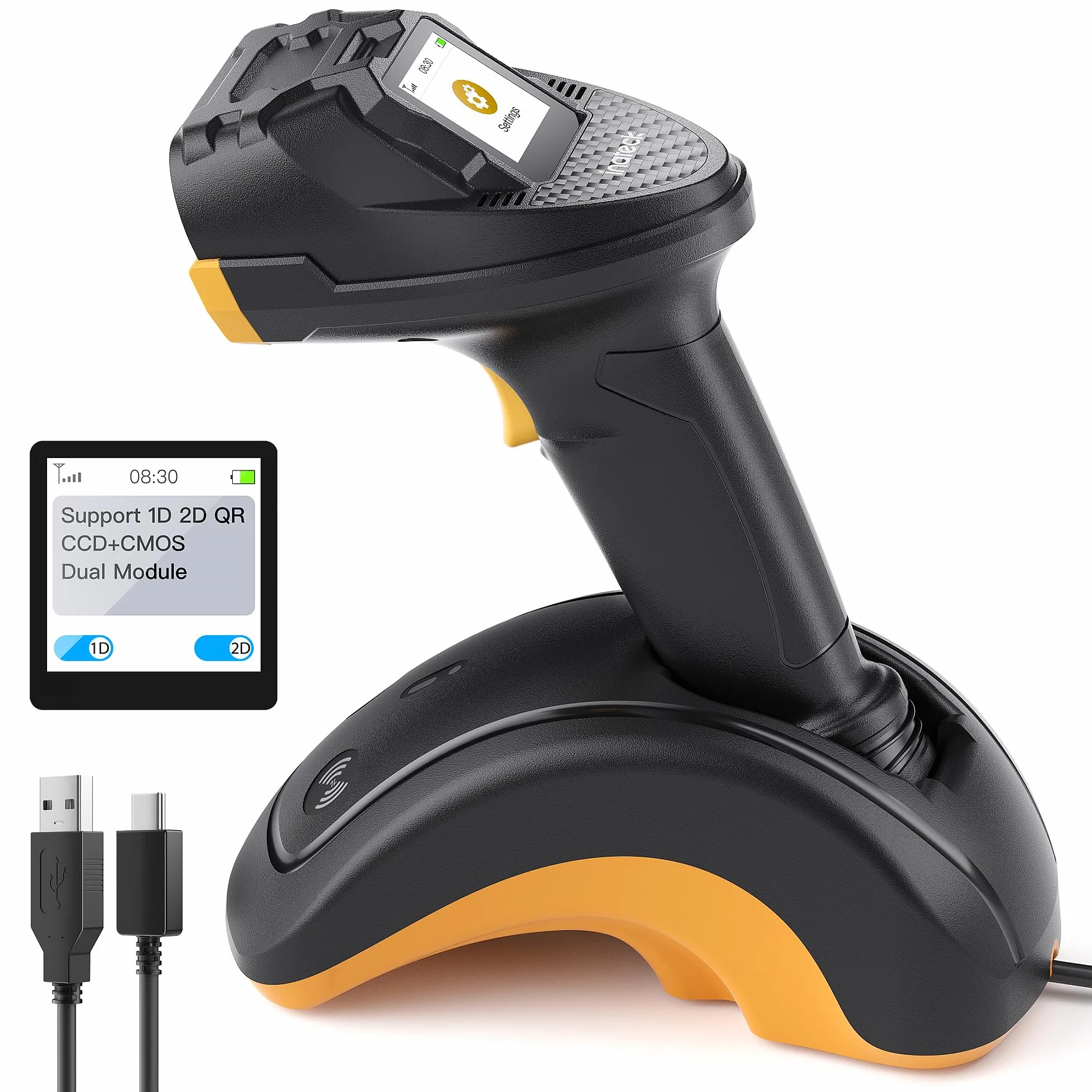 Inateck Scanner de Code-Barres Bluetooth, Scanner 2D 1D sans Fil, Scanner de Code QR, avec Écran Tactile et Base Intelligente, Modules Doubles CMOS+CCD, Supporte App SDK,Pro 8