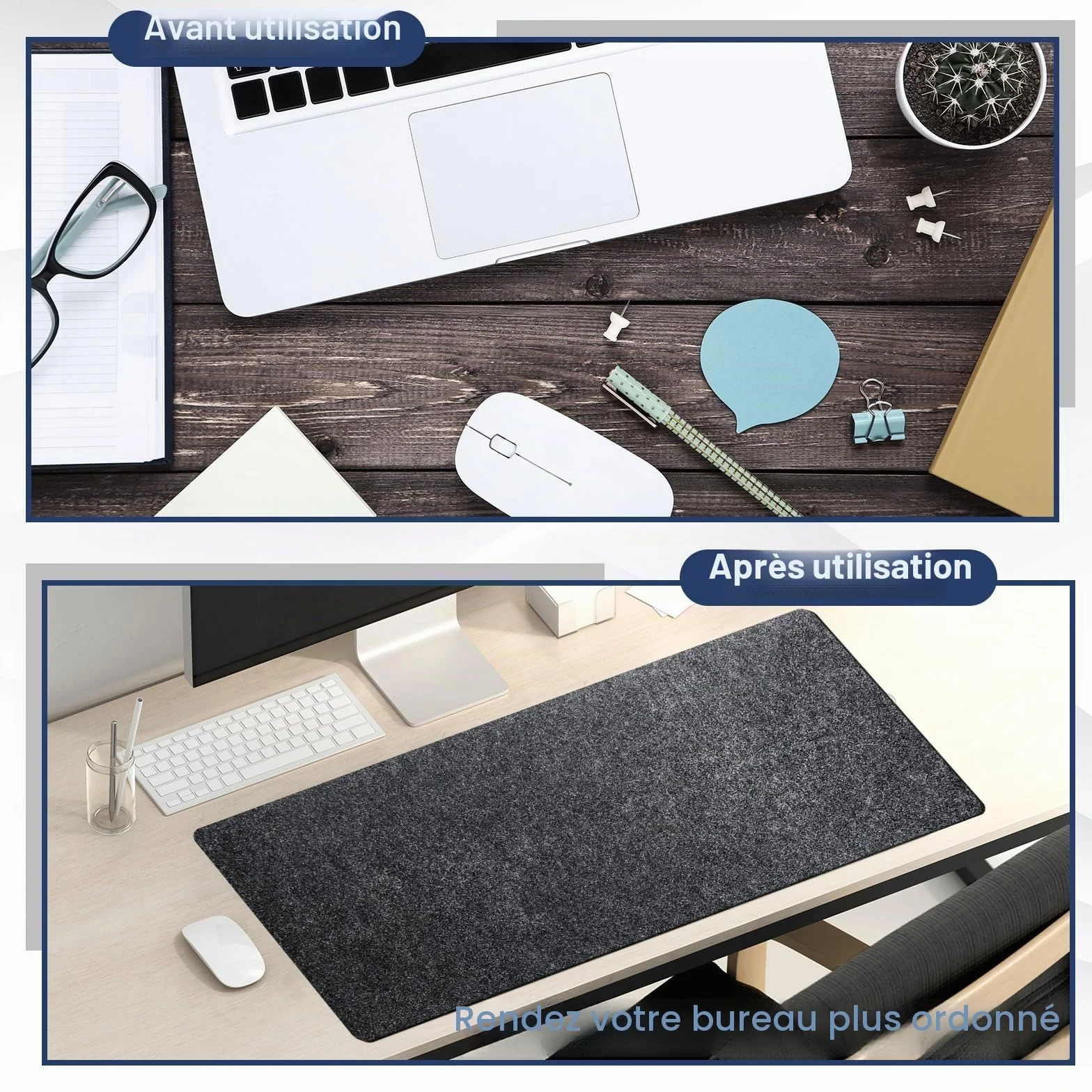 Panelee 2 Paquets 80x30 cm Grands Sous-Mains en Feutre Tapis de Bureau Antidérapants Protecteurs Ordinateur Souris Clavier Gris Foncé