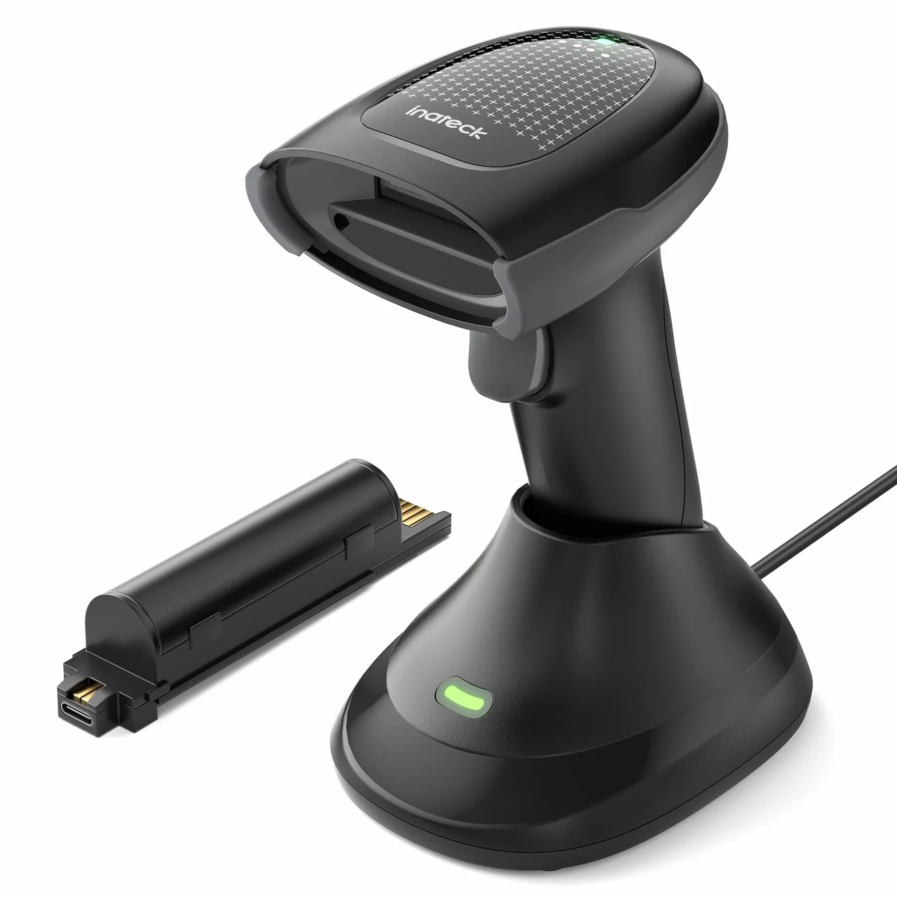 Inateck Lecteur Code Barre sans Fil 2D QR avec Deux Batteries Remplaçables de 2000 mAh, PDF 417 Douchette Code Barre avec Base de Charge, Bluetooth et Filaire USB, pour l'entreposage et la logistique