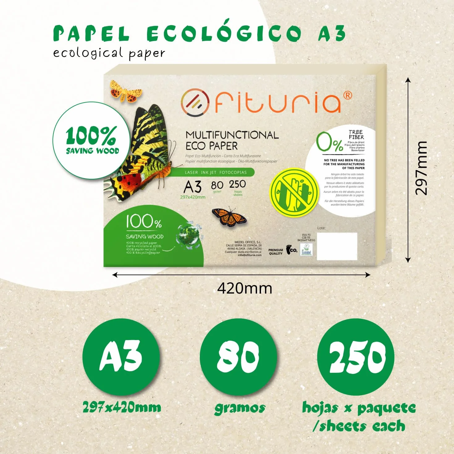 Papier Recyclé A3 80g 250 Feuilles 100% Recyclées Couleur Naturelle pour Imprimante Laser et Jet d'Encre