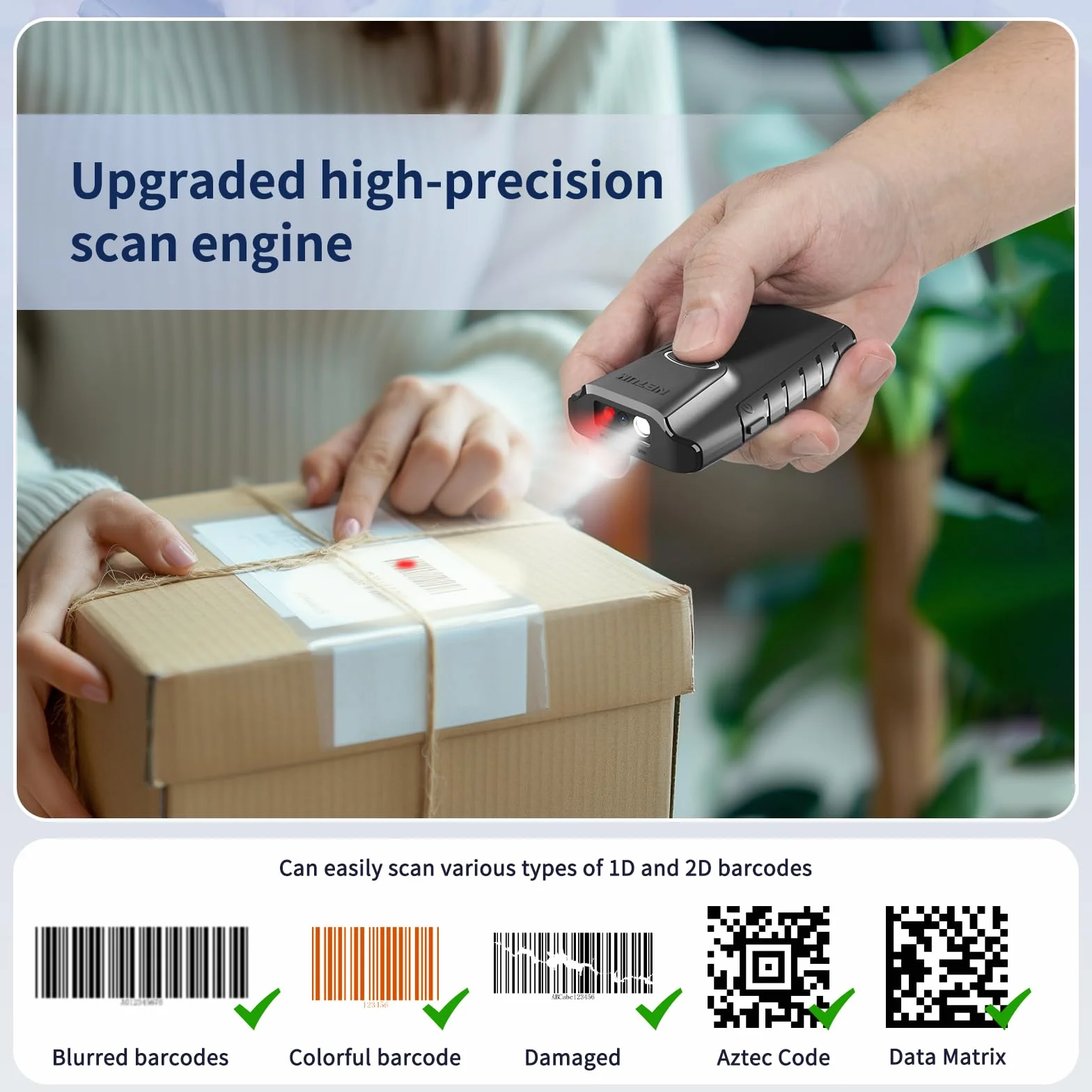NETUM Bluetooth 2D Barcode Scanner, 3-in-1 Small Portable QR Bar Code Reader Automatic Wireless Gun Scan Back Clip Work with Tablet iOS Android Windows MacOS for Warehouse Inventory POS