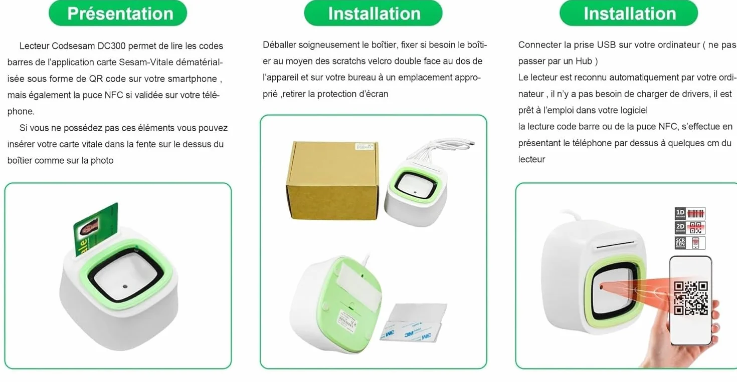 Lecteur SESAM Vitale DC300 Mono-Fente 3-en-1 – QR Code, NFC & Carte Vitale – sans Lecteur CPS – Plug & Play – Compatible PC/SC - Câble USB A – Santé pour Professionnels - Version Windows