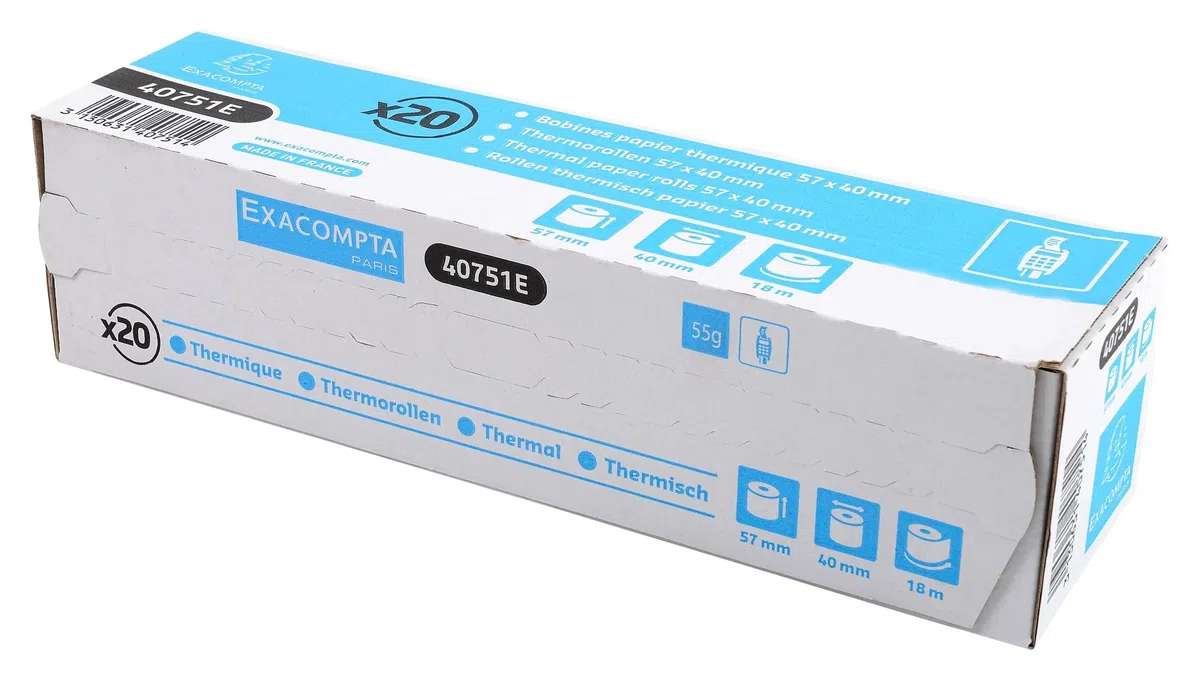 Exacompta - Réf. 40751E - Carton de 120 bobines pour tickets de carte bancaire - largeur 57mm x diamètre 40mm - mandrin 12mm - 1 pli thermique 55g/m² sans BpA - Métrage (+ ou - 2m) : 18 m - Blanc